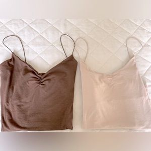 Zara two tank tops brown & tan viscose strechy straps embeaded bra lining US L